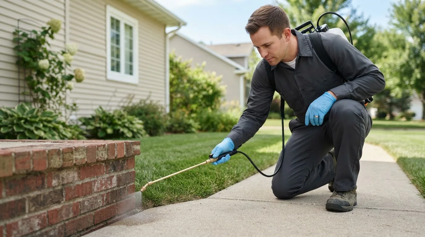 Pest control technician treating a home near Mesilla, NM